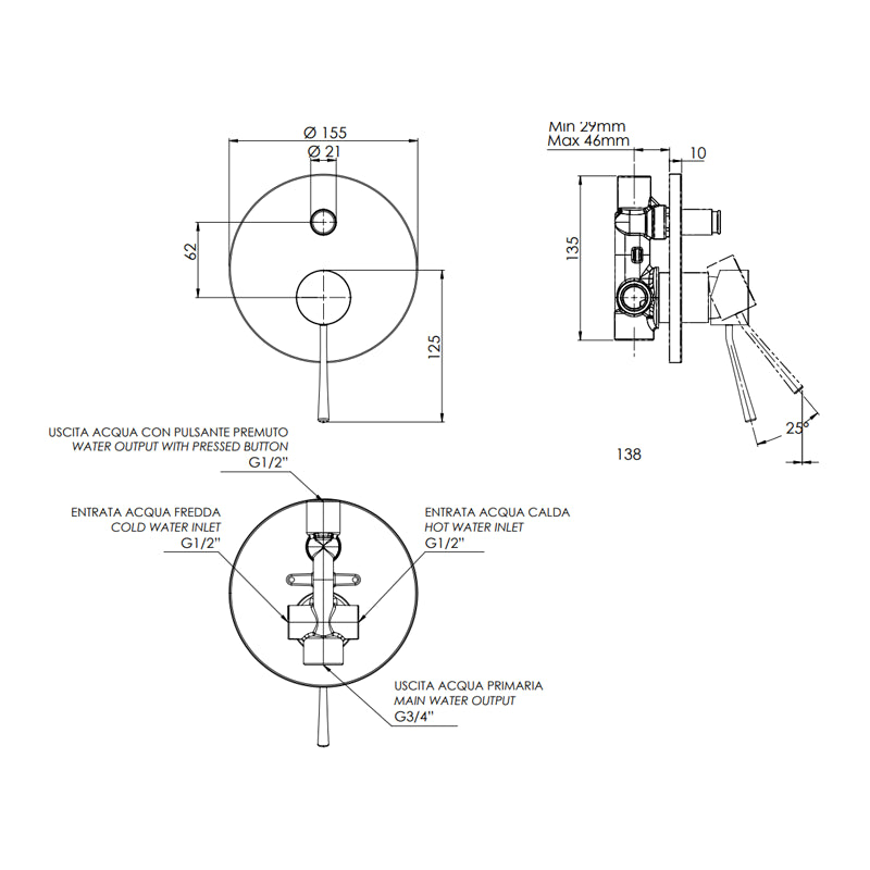 Rubinetto da incasso con deviatore per vasca/doccia tondo serie minimal