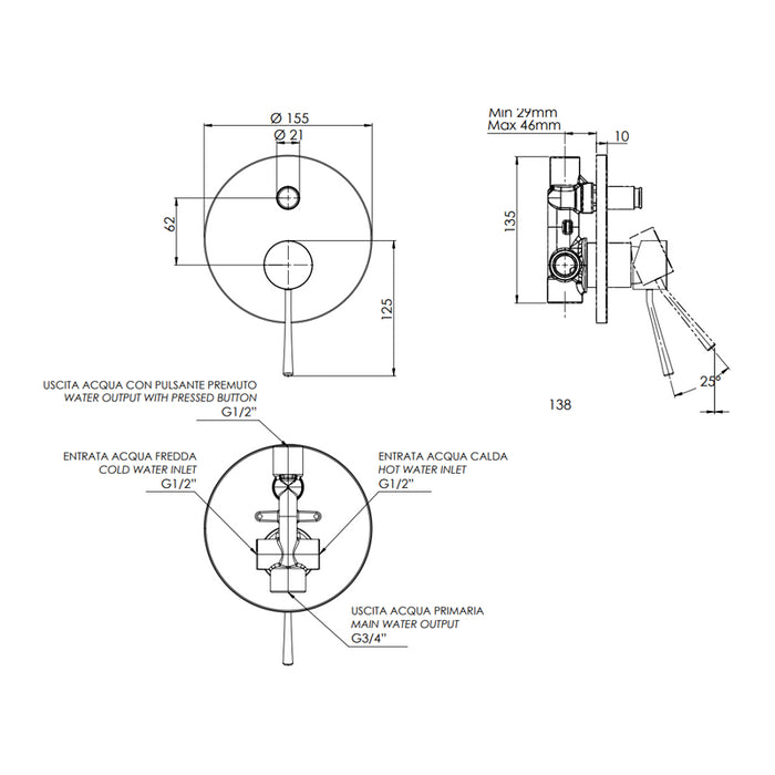 Rubinetto da incasso con deviatore per vasca/doccia tondo serie minimal