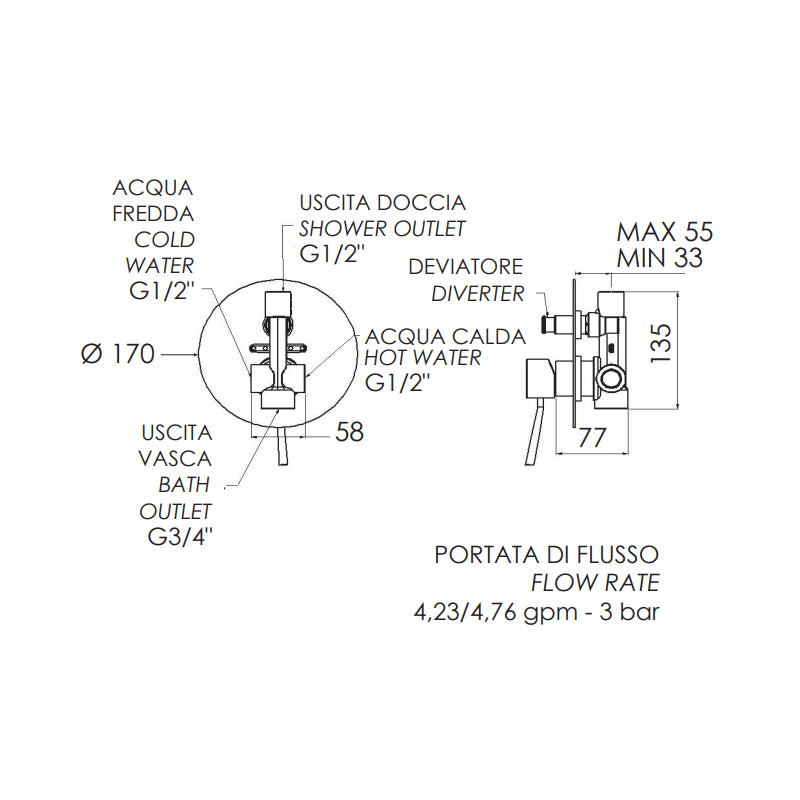 Rubinetto da incasso con deviatore per vasca/doccia serie minimal