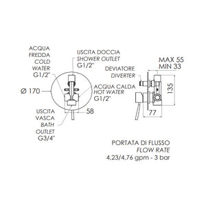 Rubinetto da incasso con deviatore per vasca/doccia serie minimal