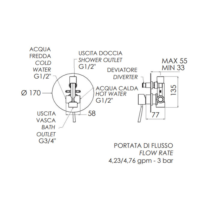 Rubinetto da incasso con deviatore per vasca/doccia serie minimal