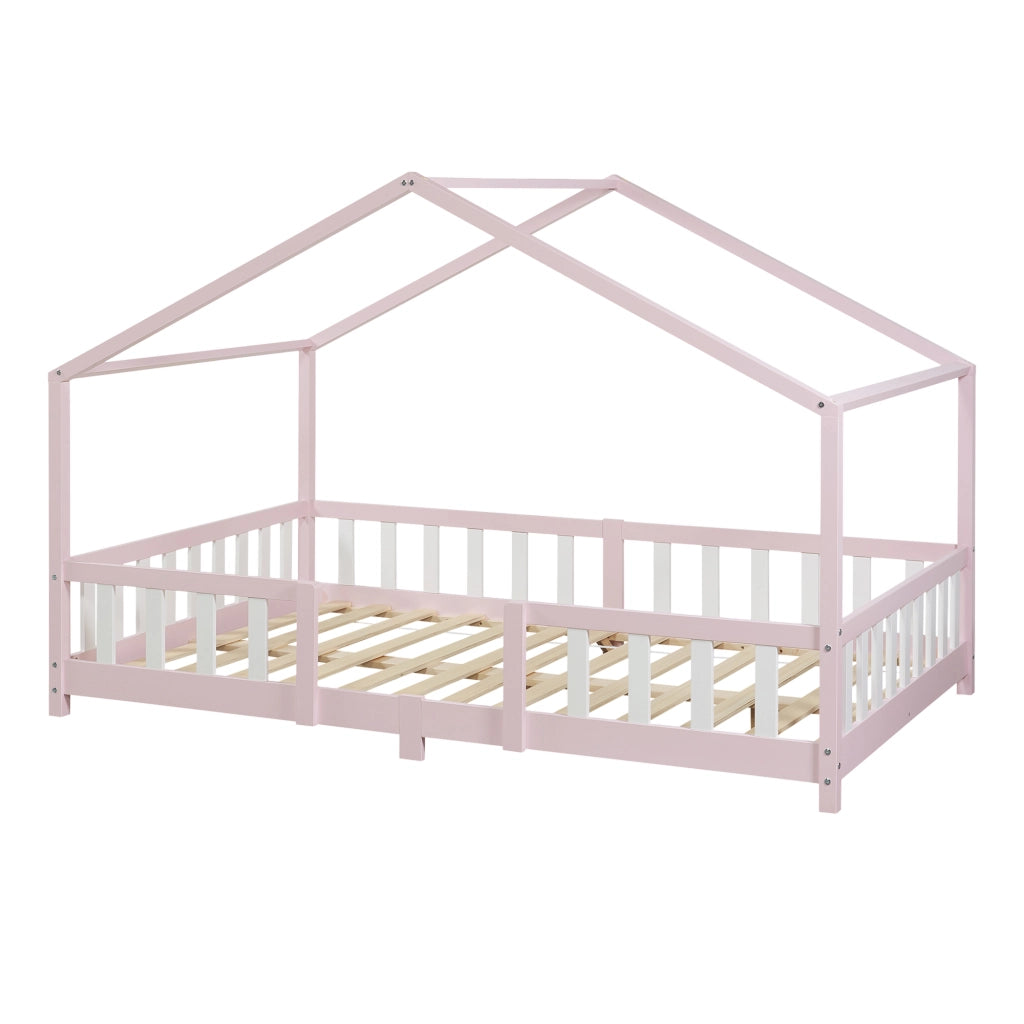Letto per Cameretta Treviolo a Forma di Casetta in Stile Montessori 120x200 cm Rosa/Bianco [en.casa]