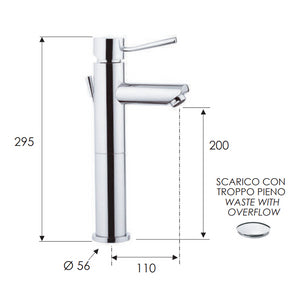 Miscelatore minimal alto per lavabo con o senza scarico rubinetteria remer
