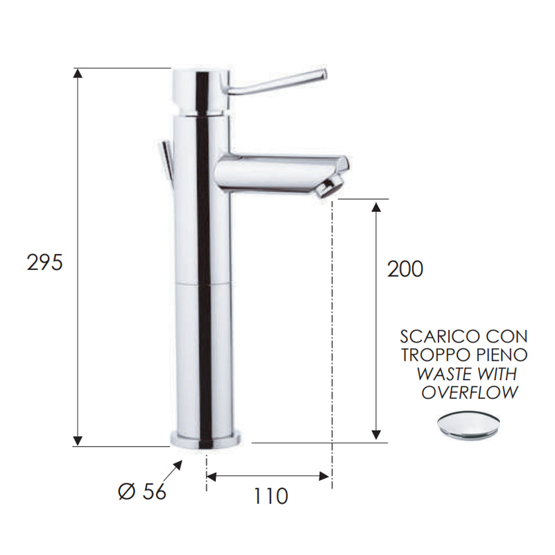 Miscelatore minimal alto per lavabo con o senza scarico rubinetteria remer