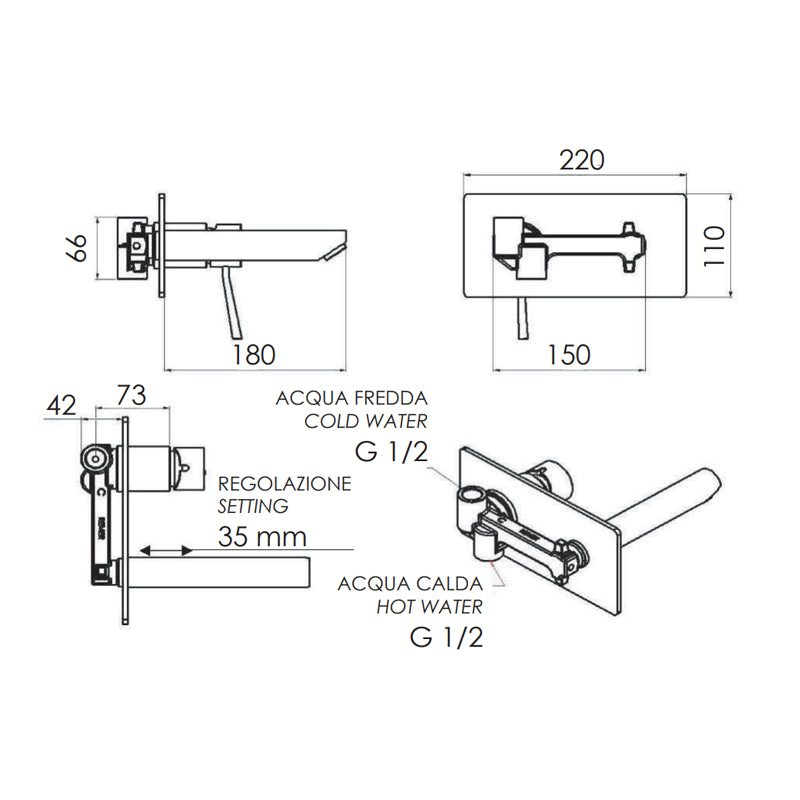 Miscelatore incasso per lavabo serie minimal finitura cromata