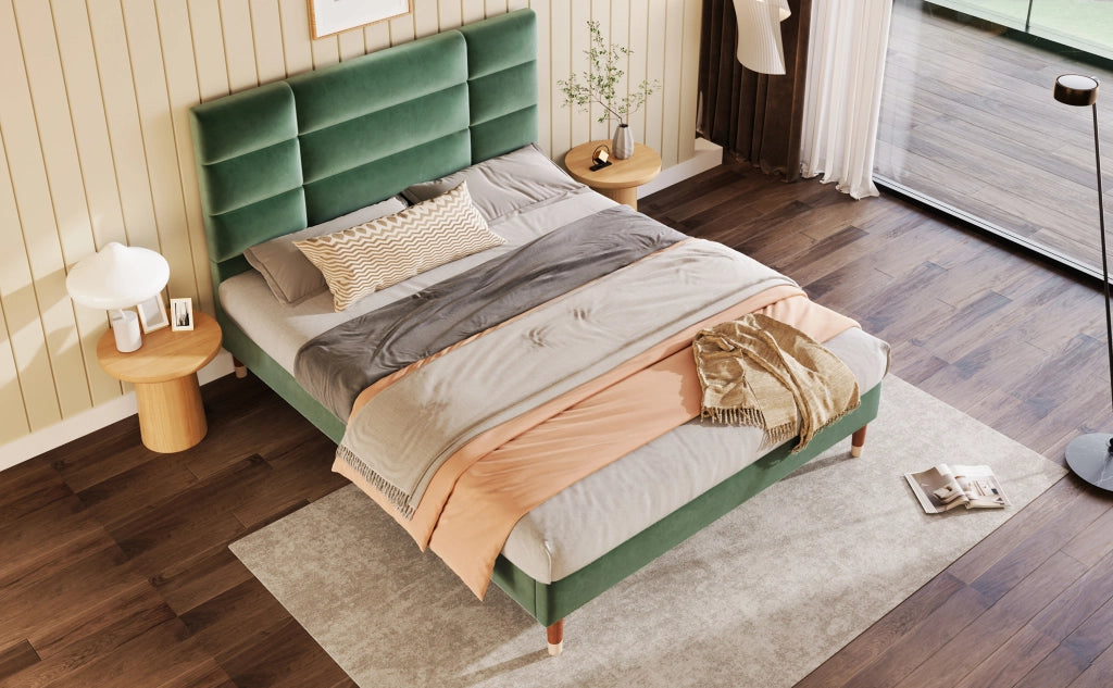 DESMIU Letto Matrimoniale 140 × 200 cm con Testiera Imbottita e Spazio Sottoletto, senza Materasso, Velluto Verde