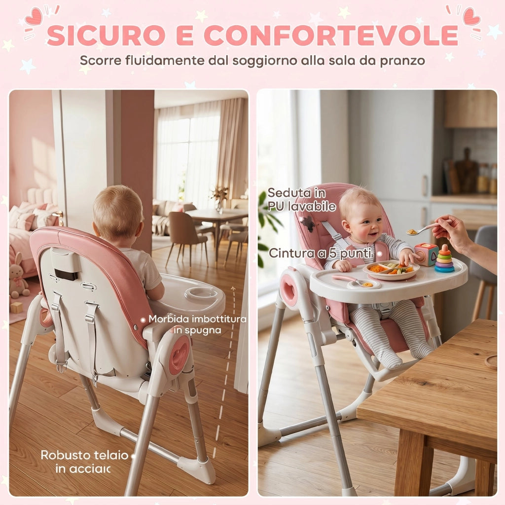 Seggiolone Pappa Pieghevole per Bambini 6-36 Mesi con Altezza Regolabile, Doppio Vassoio Lavabile, Ruote, Rosa