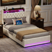 Letto matrimoniale imbottito in velluto beige con rete a doghe 140x200 cm