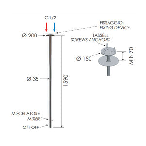 Miscelatore da soffitto 166 cm in ottone cromato serie minimal