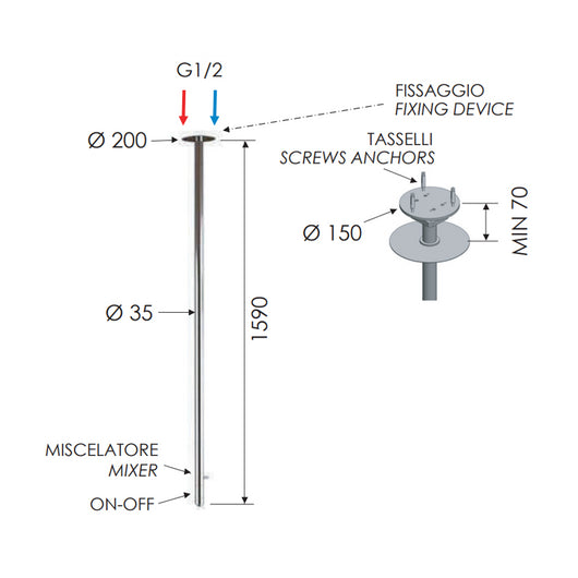 Miscelatore da soffitto 166 cm in ottone cromato serie minimal