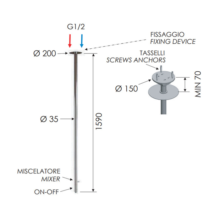 Miscelatore da soffitto 166 cm in ottone cromato serie minimal