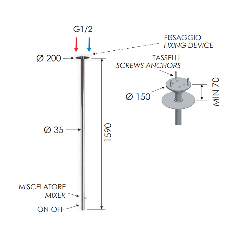 Miscelatore da soffitto 166 cm in ottone cromato serie minimal