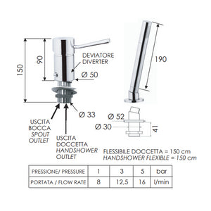 Rubinetto bordo vasca con deviatore e doccetta minimale serie minimal