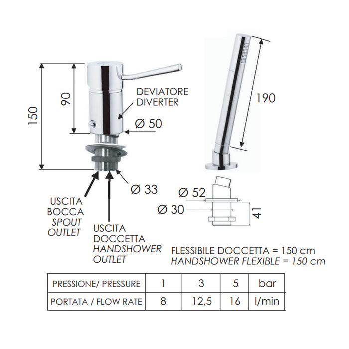 Rubinetto bordo vasca con deviatore e doccetta minimale serie minimal