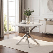 Tavolo rotondo 80 cm con piano effetto marmo; gambe cromate; MDF; bianco e argento