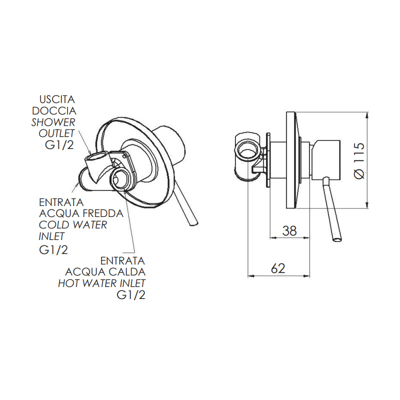 Rubinetto monocomando da incasso per doccia serie minimal