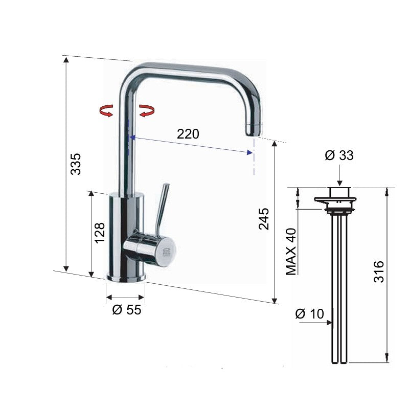 Rubinetto monocomando laterale per lavello serie minimal