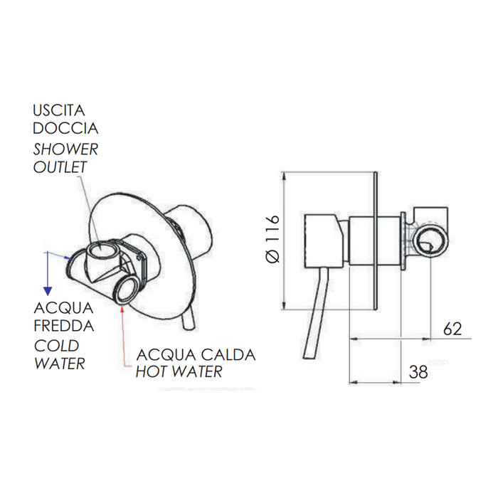 Rubinetto monocomando da incasso per doccia con piastra lusso serie minimal