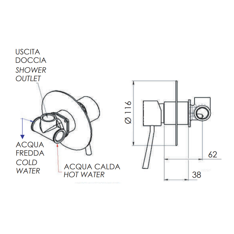 Rubinetto monocomando da incasso per doccia con piastra lusso serie minimal