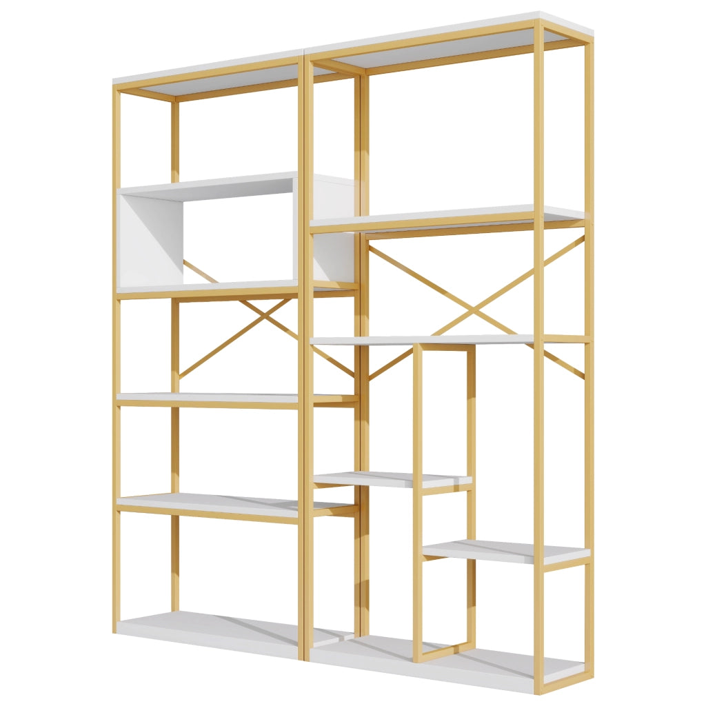 Libreria moderna 160 x 29,5 x 180 cm in MDF e metallo, struttura rettangolare stabile, finitura oro e bianco
