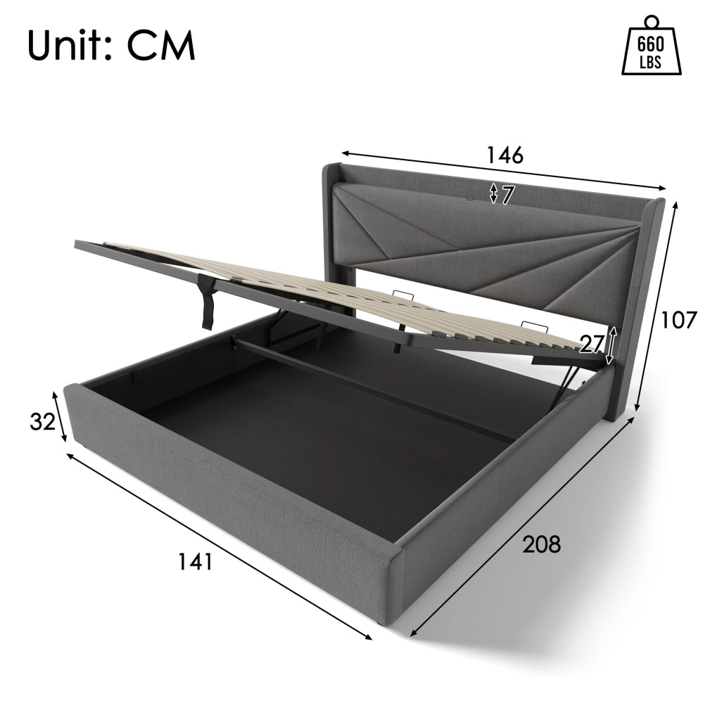 Letto matrimoniale imbottito 140x200 cm grigio con contenitore; USB e Type-C; struttura in metallo e cotone lino