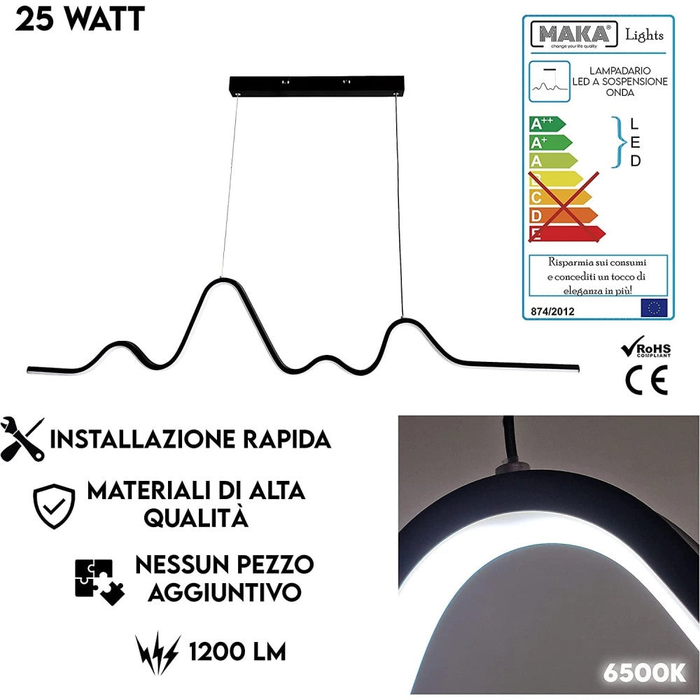 Trade Shop - Lampadario Sospensione Led 25w Moderno Onda Sfalsata Luce 4000k 6500k 3000k B73n -