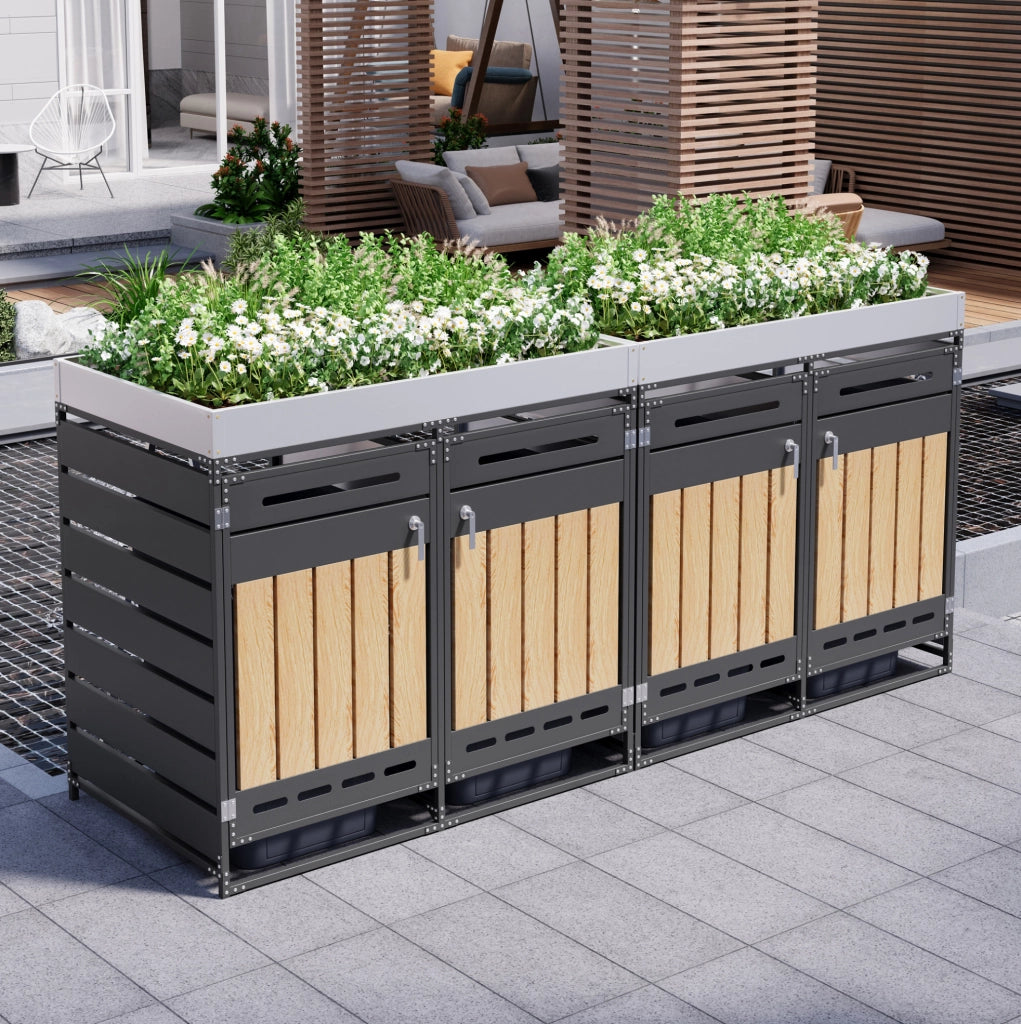 Armadio porta bidoni rifiuti a 4 scomparti con fioriera integrata; 262x79x120 cm; nero
