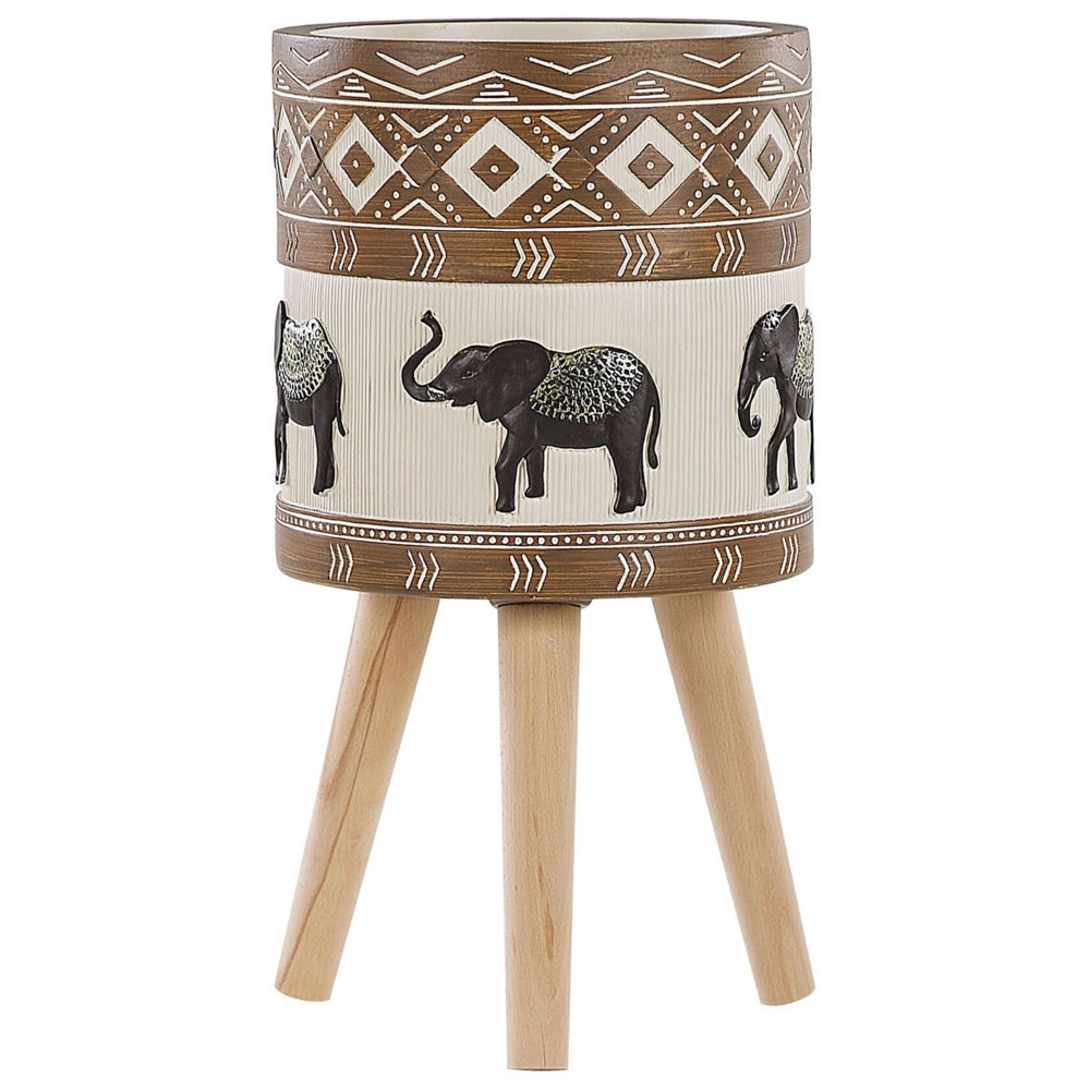 Supporto per piante in magnesio rotondo con base in legno massello rustico con motivo a elefante. Vaso per piante alto