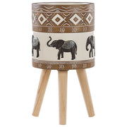 Supporto per piante in magnesio rotondo con base in legno massello rustico con motivo a elefante. Vaso per piante alto