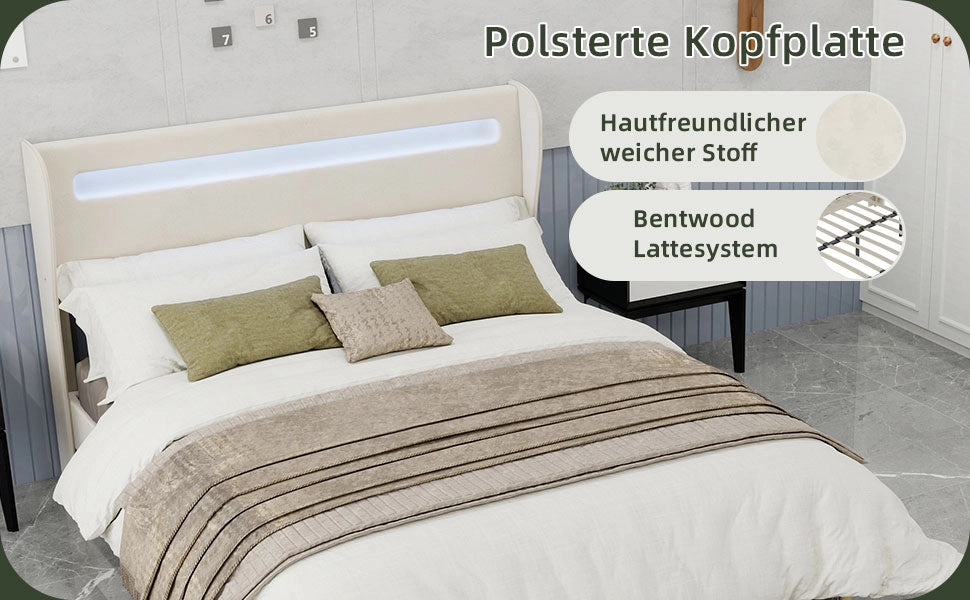 Letto imbottito con testiera LED ¨C Minimal ¨C Beige 160x200 cm
