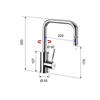 Rubinetto laterale per lavello con bocca a u girevole e doccetta dual jet serie minimal