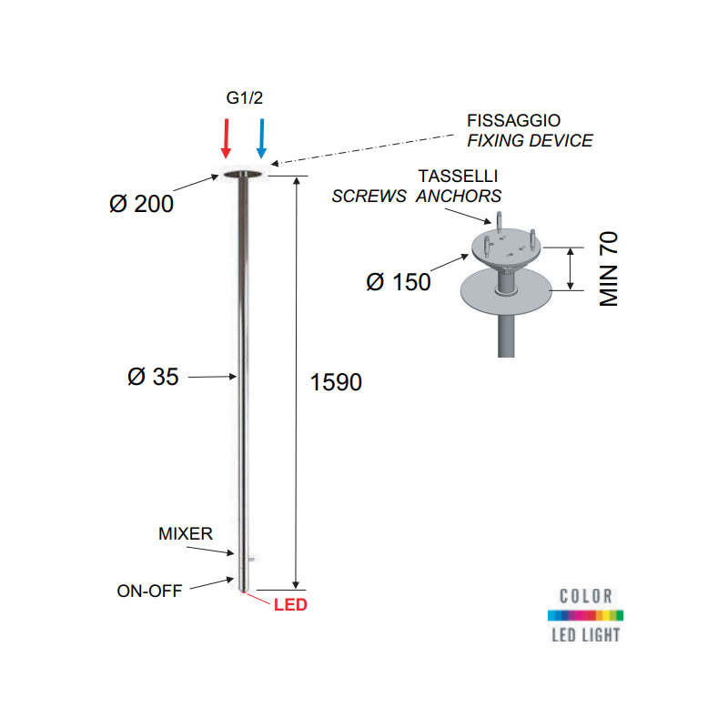 Miscelatore da soffitto 166 cm con dispositivo color - serie minimal color