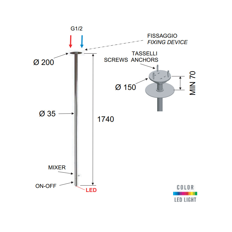 Miscelatore da soffitto 181 cm con dispositivo color - serie minimal color