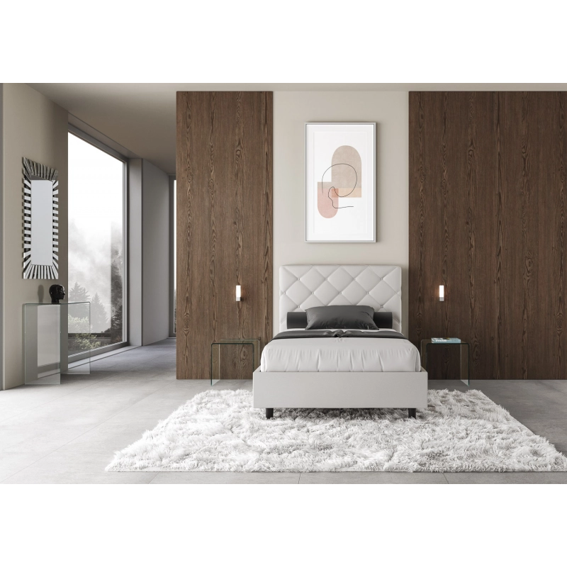 Letto imbottito Matrimoniale francese 140x200 cm Priya - Bianco,Similpelle,Con rete