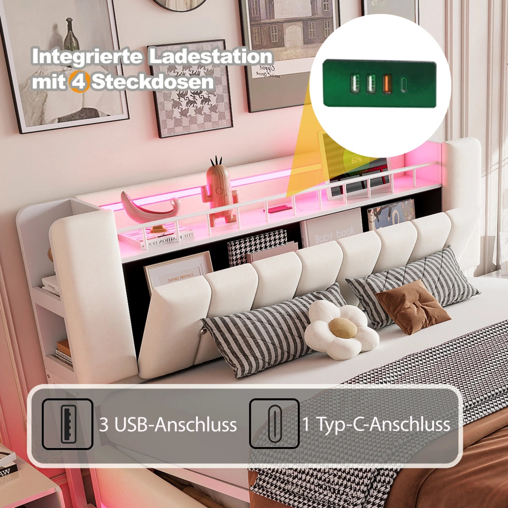 Letto Contenitore 180x200 cm; con USB e LED; in Tessuto Imbottito; Beige