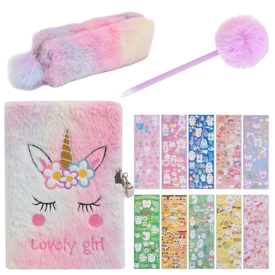 Diario con chiusura - A5 Quaderno di appunti - Piuma Unicornio - Set di 10 Adesivi - Penna e Custodia - Ideale Regalo per Bambini
