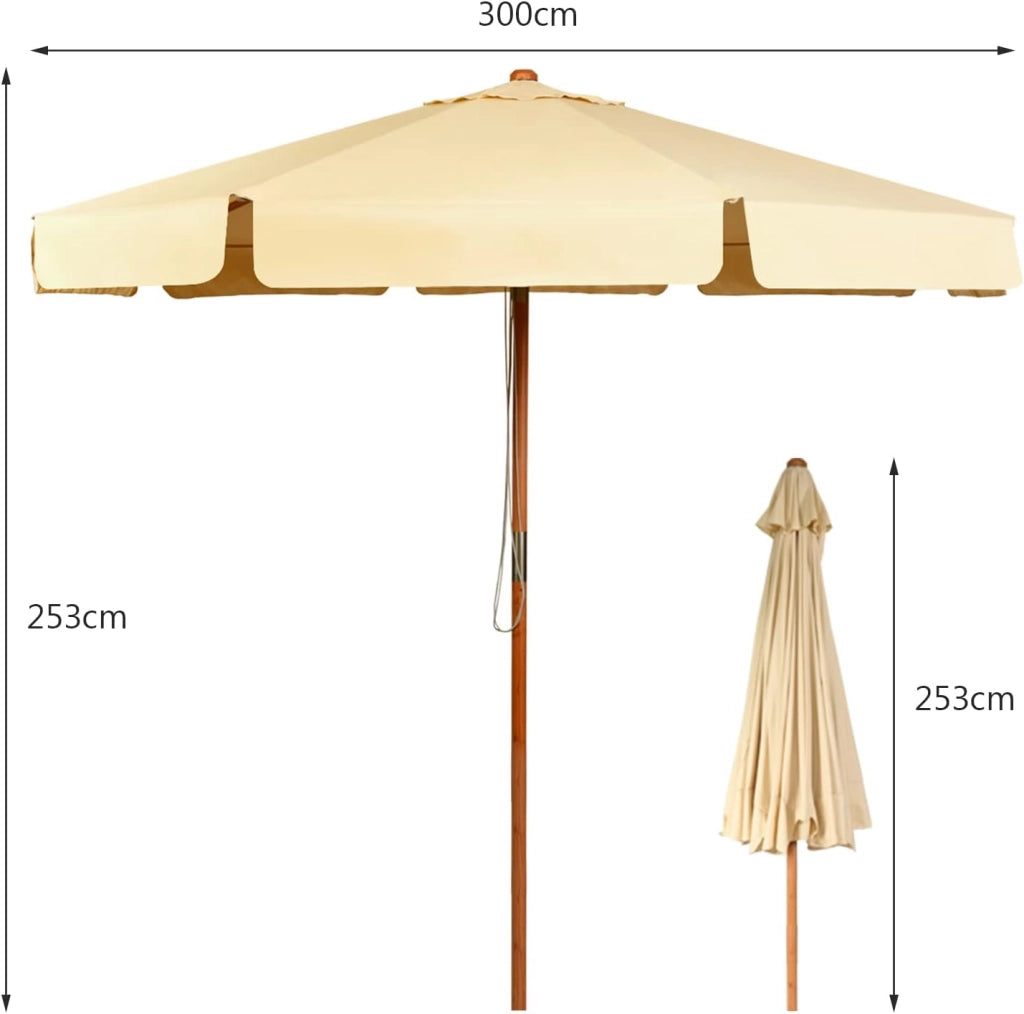 Ombrellone da Giardino 3 m Faggio, Regolabile 8 Montanti, Manovella 30° Inclinazione, Parasole Beige