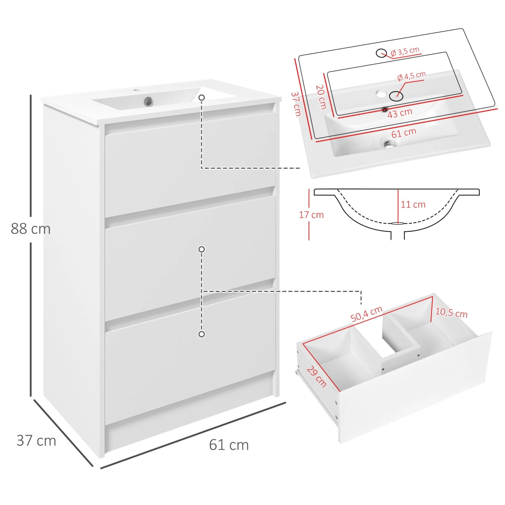 Mobile da Bagno con 2 Cassetti e Lavabo in Ceramica ¨C Zephmum ¨C 61x37x88 cm Bianco Lucido