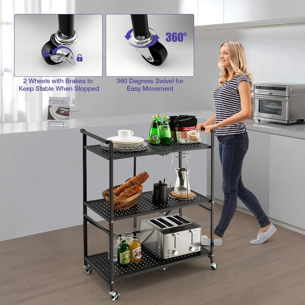 Carrello Portaoggetto Pieghevole, Scaffali con Ruote Bloccabili 3 Ripiani e Maniglie, Carrello con Ruote Portatutto per Cucina Soggiorno Corridoio