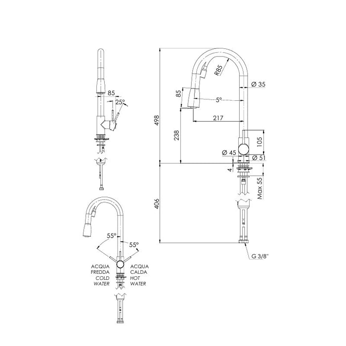 Rubinetto laterale per lavello a base tonda alto serie minimal