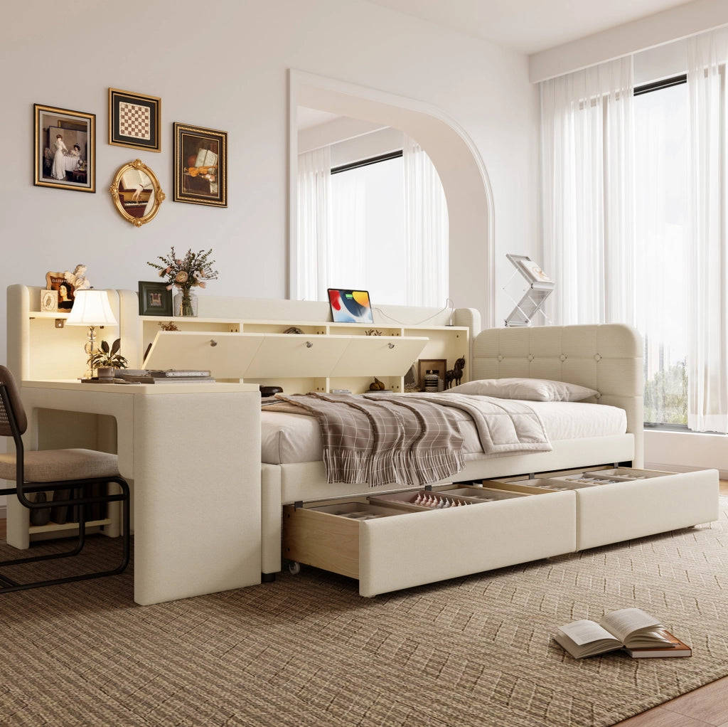 Letto 90x200 cm beige – con scrivania e contenitori, senza materasso