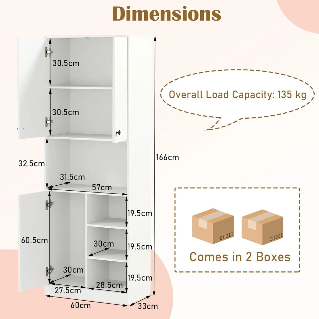 Credenza Alta da Cucina 166 cm, Mobile Cucina Dispensa con 3 Porte, 2 Cassetti e 4 Ripiani Aperti, Mobile Buffet Multifunzionale per Bagno, Soggiorno, Sala da Pranzo, 60×33×166 cm (Bianco)