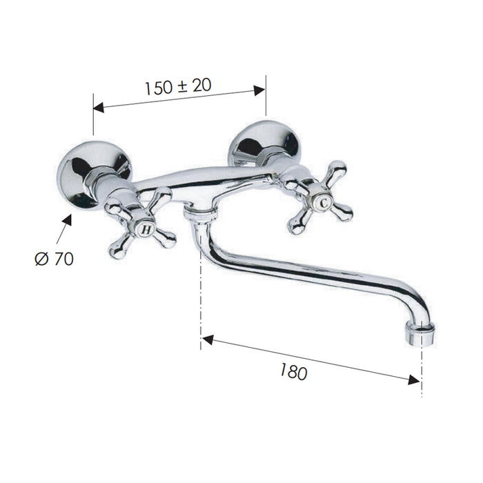 Rubinetto lavello a muro con canna inferiore - serie liberty