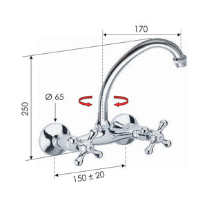 Rubinetto lavello a muro con canna superiore jota - serie liberty