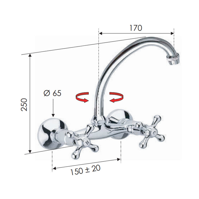 Rubinetto lavello a muro con canna superiore jota - serie liberty