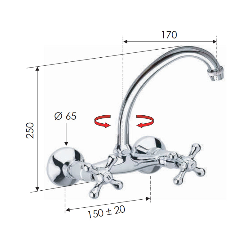 Rubinetto lavello a muro con canna superiore jota - serie liberty
