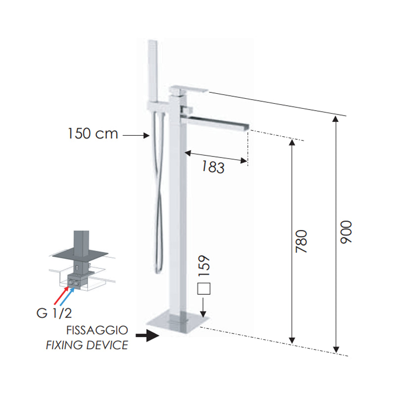 Rubinetto vasca da pavimento - serie qubika cascata
