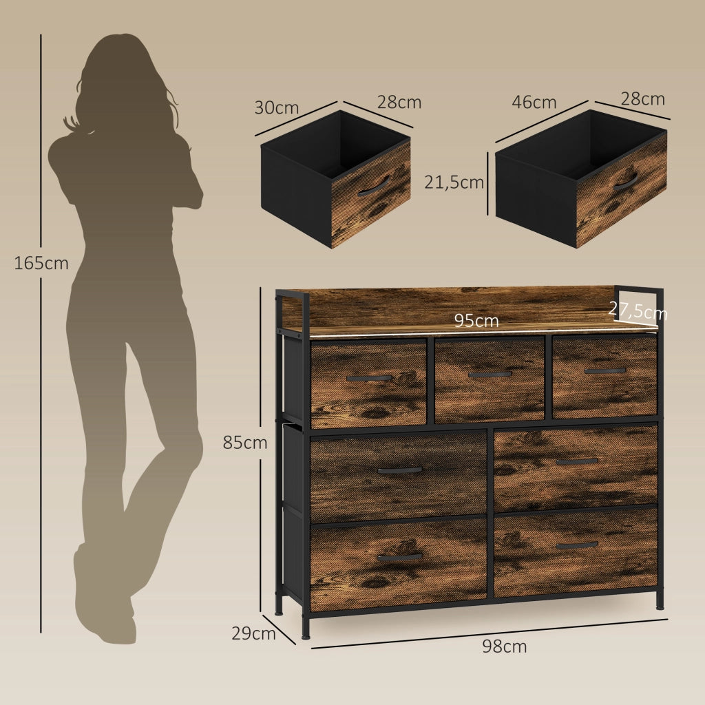 Cassettiera con 7 cassetti in tessuto ¨C Xylo ¨C stile industriale, struttura in metallo nero, 98x29x85cm