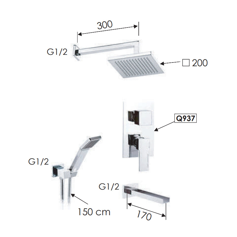 Set doccia con soffione, bocca incasso e miscelatore - serie qubika cascata