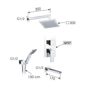 Set doccia con soffione, bocca incasso e miscelatore - serie qubika cascata